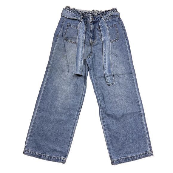 TGLA Women's Wide-Leg Paper Bag Blue Denim Jeans Size 25 Tie Waist Medium Wash - Picture 1 of 10
